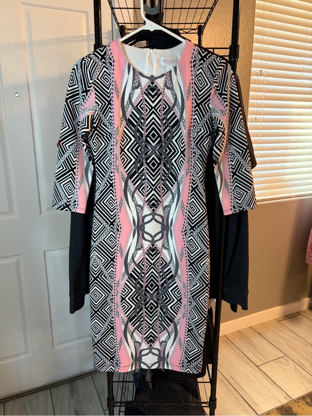 Bisou Bisou Black White and Pink Geometric Long Sleeve Dress